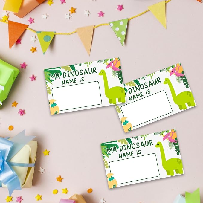 What is Your Dinosaur Name Game, Game Sign and 30 Cards, Dinosaur Birthday Party Sign for Boys and Girls, Holiday Activity, Kids Dinosaur Activity Cards, Dinosaur Activity Decoration Supplies
