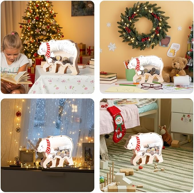 Wooden Christmas Piggy Bank for Kids, Adorable Bear Piggy Bank with Acrylic Panels, Unbreakable Toddler Money Box for Boys Girls, Cute Christmas Saving Coin Jar for Birthday, Decor