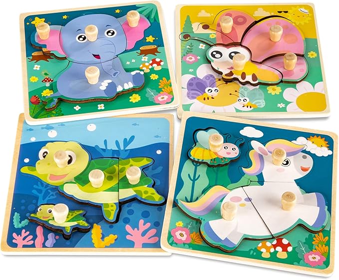 Eco Friendly Animal Puzzles, 4 Pcs Jigsaw with Handles, Infant Kid Montessori Puzzles for 1-3 Years Old
