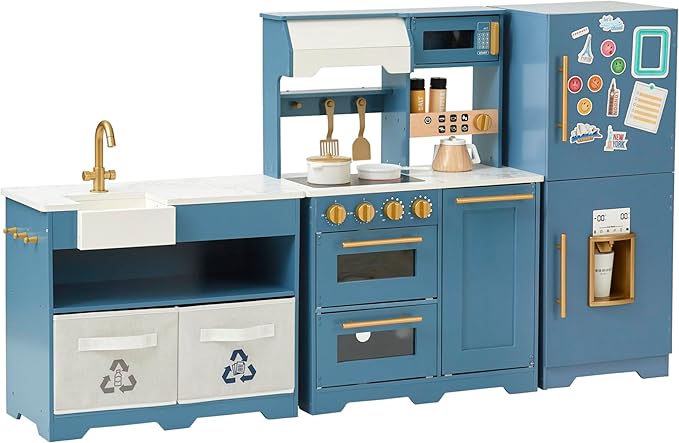 Teamson Kids Little Chef Atlanta Modular Wooden Play Kitchen, 3-Piece Pretend Set with 17 Accessories, Blue/White/Gold, Realistic Features for Toddlers & Kids, Cocina de Juguete Moderna