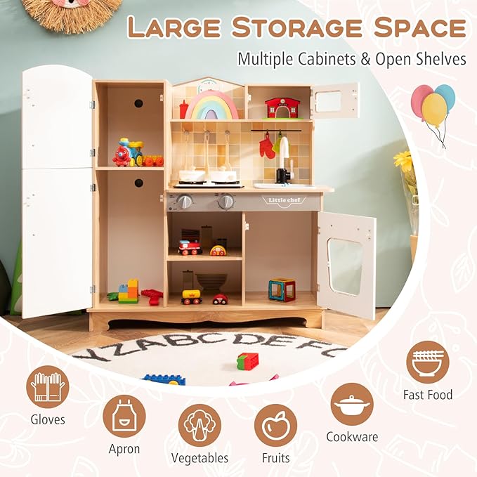 Costzon Kids Kitchen Playset, Wooden Toddlers Toy Kitchen with Light & Sound, Microwave, Ice Maker, Oven, Sink & Faucet, Cooking Accessories, Pretend Play Kitchen, Gift for Boys Girls Age 3+