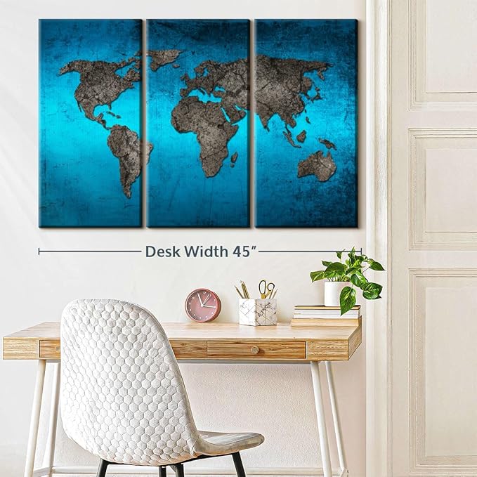 ElephantStock Ocean World Map Multi Piece Canvas - 3 Panel Wall Decor - Map of the World Art - Canvas for the Office and Home - 45" X 28"
