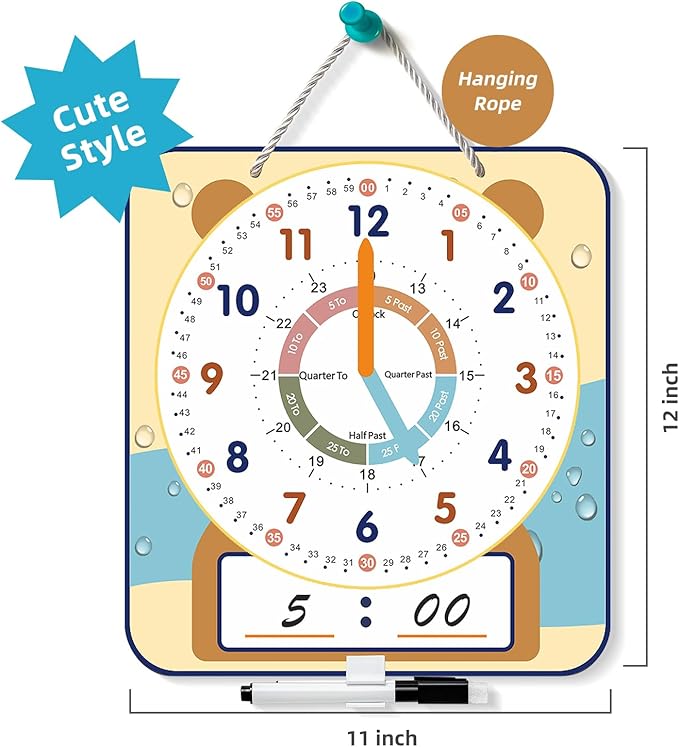 Large 12" Magnetic Writable Dry Erase Teaching Clock with Cute Style, Teaching Demonstration Clock for Kids Learning Practice Time for Home School Classroom Supplies (12" x11"-Beige)
