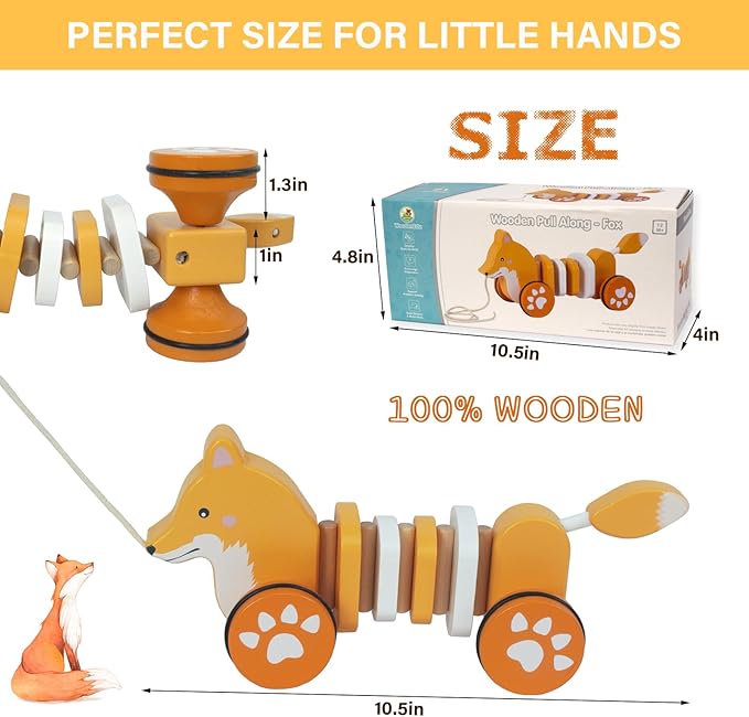 Baby Toys Car,Wooden Pull Along Toddler Toy, Developmental Toy for 1 Year Old Girl Boy Birthday Gift (Fox)