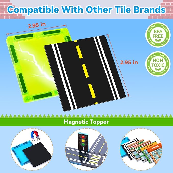 Theefun 70pcs Magnetic Tiles Road Set with Crane & 2 Cars Magnetic Blocks Double Side City STEM Construction Toy Gifts for Kids 3+ Years Old, Include 56 Magnetic Blocks, 13 Magnet Toppers, 1 Bag