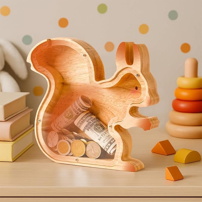 Wooden Squirrel Piggy Banks for Boys, Cute Unbreakable Money Coin Bank Jar, Safe Money Box, Transparent Saving Jar, Birthday Anniversary Baptism Gifts for Boys Toddler Squirrel Lovers