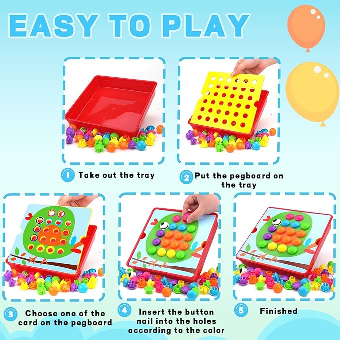 Button Art Toys for Toddlers, Crafts for Age 3-5, Early Educational Toys, Color Matching Mosaic Pegboard, Fine Motor Skills Game, Preschool Learning Activity Gifts for Boys & Girls 3+