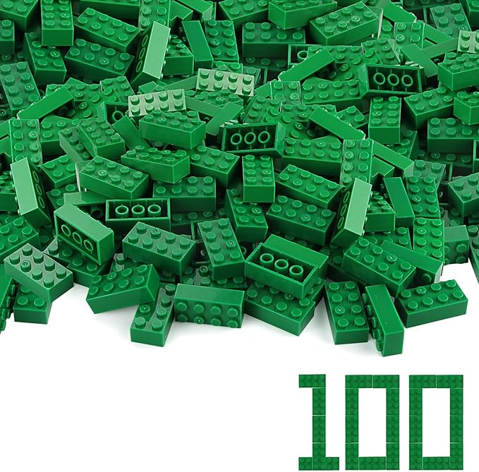 Feleph 100pcs 2x4 Bricks Green Building Classic Pieces Parts Creative Play Blocks Set Toy Accessories Combine with 3001 Major Brick Brands