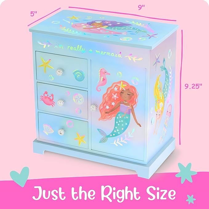 Mermaid Musical Jewelry Box for Girls - Kids Music Box with Drawers, Mermaid Mermaid Gifts for Girls, Mermaid Jewelry Boxes for Ages 3-10 - 9 x 5 x 9.3 in, Blue