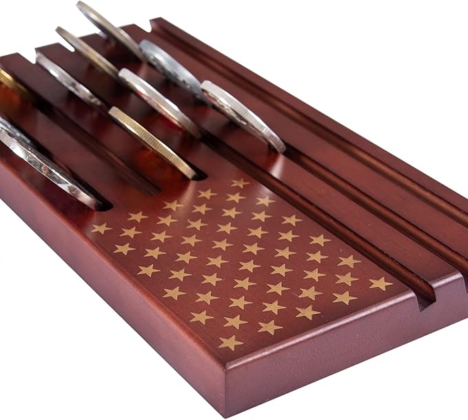 Challenge Coin Display Wooden Army Collectible Coins Holder 6 Row Display American Flag