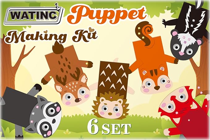 WATINC 6Pcs Hand Puppet Making Kit, Art Craft Felt Sock Puppet Toys, Creative DIY Make Your Own Pompoms Wiggle Googly Eyes Storytelling Role Play Party Supplies Gift for Girls Boys (Woodland A)