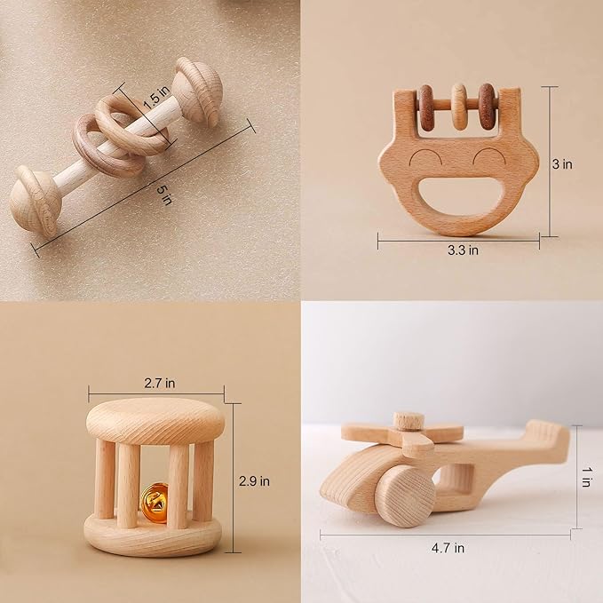 Wooden Baby Rattle Set, Newborn Wooden Rattle Toy, Natural Wooden Montessori Baby Grip Toy, Baby Gift Toy, Wood Rattle Set-1