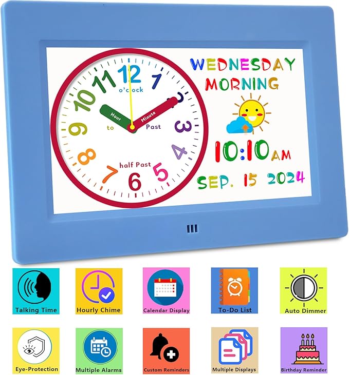 Véfaîî Digital Teaching Clock Talking Time, 24 Alarms Custom Reminders, Checklist to-Do List, Auto DST & Calendar Display, Sleep Trainer, Easy to Use for Kids Birthday Gift- Blue with Remote