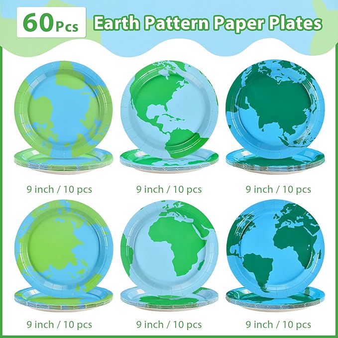 Grencian 60Pcs Earth Day Paper Plates 9" Large Disposable Heavy Duty Navy Globe Map Platter Blue Green Around the World Dessert Plate for Kids Birthday Travel Home Party Decoration