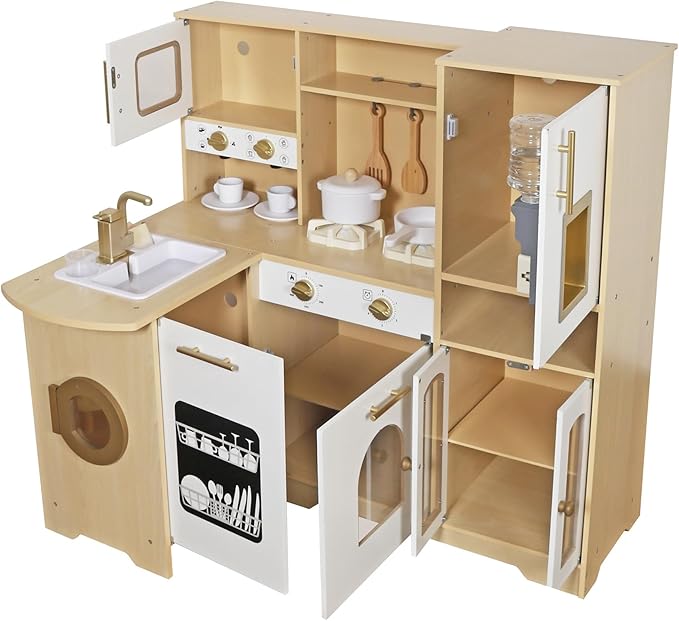 Large Wooden Corner Play Kitchen Sets with Real Running Water, 2 in 1 Water Dispenser with Ice Maker, Toy Tove with Light and Sounds for Toddlers, Preschoolers, Children Age 3+ Years