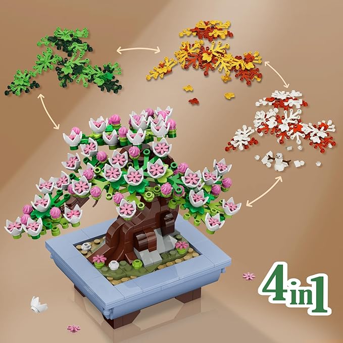 HOGOKIDS Cherry Blossom Flowers Building Set - 584PCS 4 Seasons Bonsai Tree Building Block Toy, Botanical Collection DIY Plant Home Office Decor for Adults, Flora Birthday Gift for Kids Girls Boys 6+