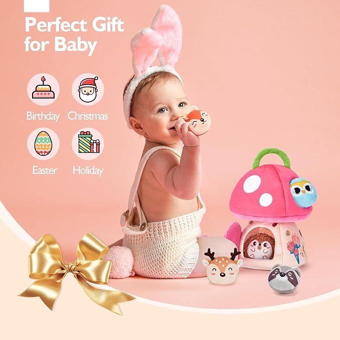 hahaland Baby Toys 6-12 Months - Montessori Toys for 6 Month Old Girl, My First Mushroom House with Stuffed Jungle Animals, Rattle, Crinkle Paper, Mirror, Sensory Toddler Toy for 1 Year Old Girl Gifts