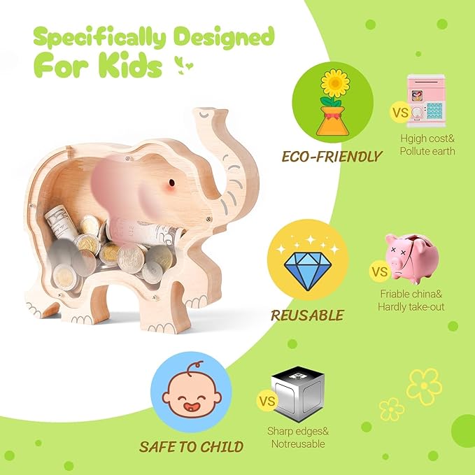 Wooden Elephant Piggy Banks for Kids, Adorable Elephant Piggy Bank with Acrylic Panels, Unbreakable Toddler Money Box for Girls Adults Boys, Cute Saving Coin Jar for Birthday Décor