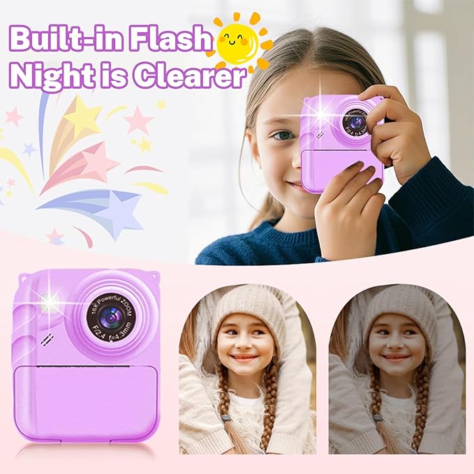 Instant Print Camera for Kids, 1080P Video Camera with 3 Print Rolls, 32GB Card & Cute Cover, Gift for Girls Boys Age 3-12, Toddler Digital Camera with Games, Filters, Music – Purple