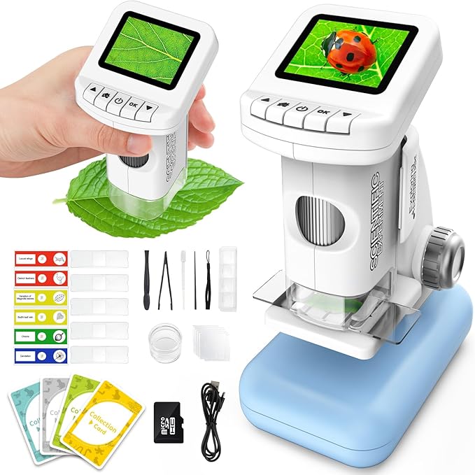 Microscope for Kids, 1200X Kids Microscope Pocket Portable Microscopes with Photo and Video Function, Mini Handheld Digital 2" Screen Rechargeable Student Edu Science Microscopes for Kids 6-7 8-12