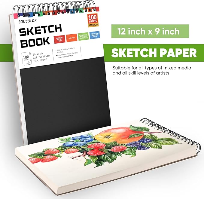Soucolor Sketch Book, Spiral Bound Acid-Free Sketchbook with 68lb/100gsm for Paper Painting, Drawing, Writing, Artist Sketching Pad for Kids, Adults & Teens, 100 Sheets (Black, 9 x 12 Inch, Pack of 1)