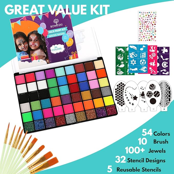 Bowitzki Face Paint Kit with 54 Colors, 8 sheets Stencils, 2 Glitters,10 Brushes, 1 Sheet Gems, Water Based Face Painting Kit, Safe Professional Halloween Party Makeup Set