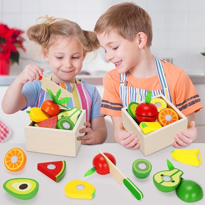 Wooden Play Food Toy Set for Kids Kitchen - 30 Pcs Montessori Cutting & Color Sorting Fake Fruit Accessories with 4 Boxes, Play Toys for Toddlers 3, Birthday Gifts for Boys Girls