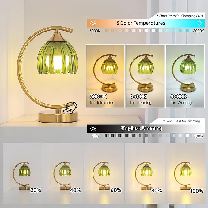 Cordless Table Lamp with 5200mAh Battery & Touch Control - 3 Adjustable Color Temperatures Bulb, Rechargeable Small Table Lamps for Living Room, Bedroom, Office Desk, Nightstand (Green Tulip)