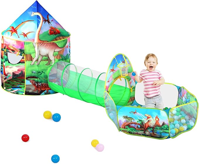 3pc Dinosaur Play Tent for Boys with Ball Pit, Crawl Tunnel, Play Tents for Toddlers, Baby Space World Playhouse Toys, Boys Indoor& Outdoor Play House, Perfect Kid’s Gifts