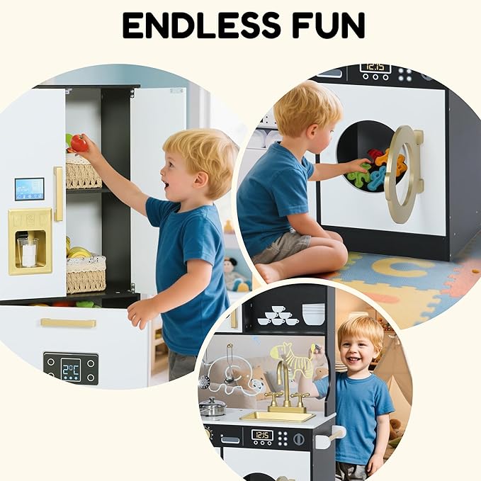 Play Kitchen Sets for Kids, Pretend Wooden Kids Kitchen Playset, Interactive Toy Kitchen with Freezer, Washing Machine, Ice Maker & Large Storage Space, for Boys Girls Ages 3+, Black