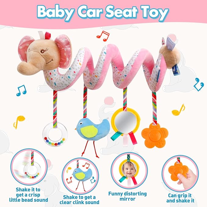 Baby Car Seat Toys Activity Stroller Toy for Boys Girls 0 3 6 9 10 12 Months, Spiral Hanging Plush Toys, Baby Shower Thank You Gifts