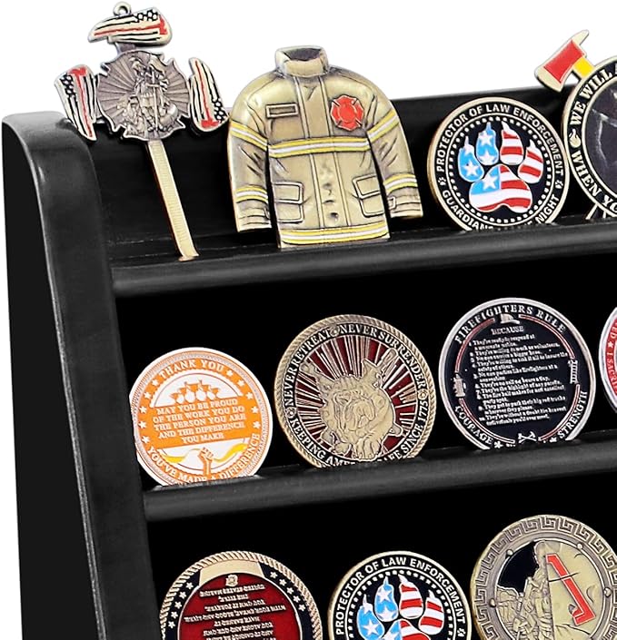 4 Rows Wooden Military Challenge Coin Display Case Wall Mount - Army Coin Collectibles Holder Display Stand Rack, Black