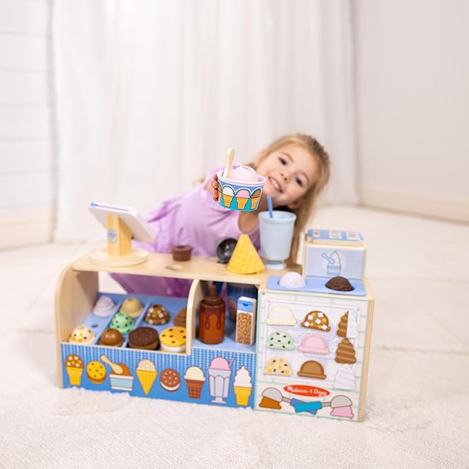 Melissa & Doug Cool Scoops Ice Creamery, Wooden Ice Cream Shop & Counter with Play Food & Play Kitchen Accessories, Preschool Learning Toys for Girls & Boys 3+ - FSC Certified