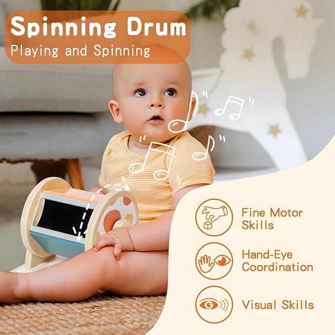 Montessori Toys for Babies 6-12 Months - 3 in 1 Baby Toys Play Kit - Medium Spinning Drum - Baby Tissue Box Toy - Peekaboo Knob Puzzle with Cards - Learning Educational Toy for Boys and Girls