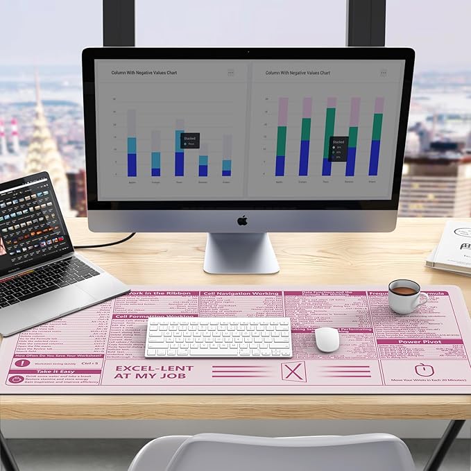 Excel Mouse Pad，Excel Cheat Sheet Desk Pad，Office Power Point Excel Word Shortcut Keys, Gaming Mouse Pad, Non-Slip Rubber Base Mousepad, Stitched Edges, 31.5x11.8 inch for Home Office