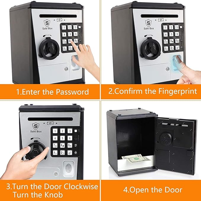 Toy Safe Box, Electronic ATM Piggy Bank, Money Coin Savings Bank, Finger Print Scanner Lock, Great Gift for Children Kids (Silver/Black)