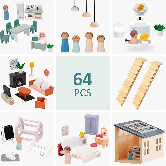 PairPear Large Wooden Dollhouse, 3 Story Play House with 64 Pieces Furniture Accessories & Garage, Pretend Play Family Dollhouse Gift for Kids 3+