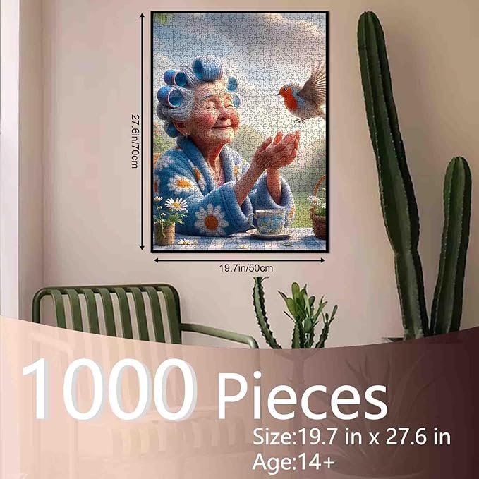 Grandma with Bird and Tea Jigsaw Puzzles for Adults 1000 Pieces Garden Scene DIY Puzzles for Challenging Family Activity Games Elderly Lady Art Jigsaw Puzzles Home Wall Decor Craft Gifts 20x27 Inches