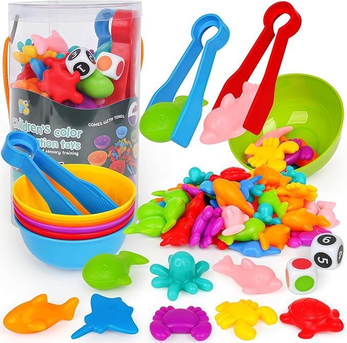 Sorting Colors Sea Animals Counting Toys with Matching Sorting Cups and Game Dices, Color Classification and Sensory Training Preschool Educational Learning Toys for Toddlers Kids Girls Boys Ages 3+