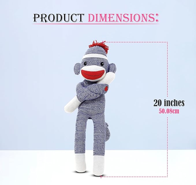Adorable Sock Monkey, The Original Traditional Hand Knitted Stuffed Animal Toy Gift-for Kids, Babies, Teens, Girls and Boys Baby Doll Present Puppet (20" Blue)