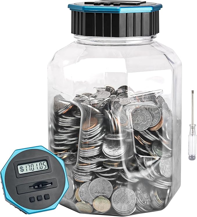 X-Large Piggy Bank for Adults Kids, Vcertcpl Digital Coin Counting Bank with LCD Counter, 2.4L Capacity, Great Coin Counter Bank Money Counting Jar with Total Amount Displayed (Blue, X-Large)