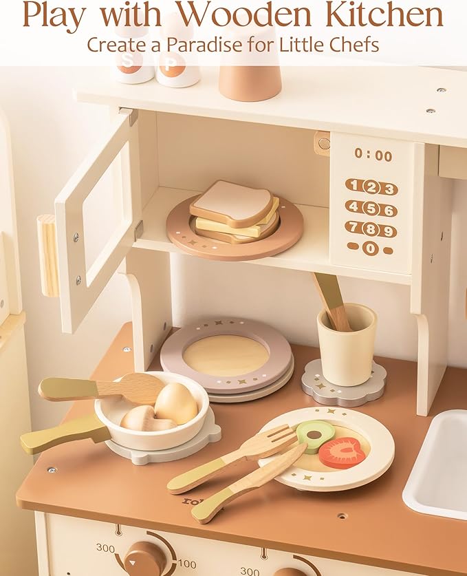 ROBUD 4-Set Wooden Play Dishes Set - Montessori-Inspired Play Food Accessories for Kids, Pretend Play Kitchen Set for Toddlers, Role Play Gift for Boys and Girls