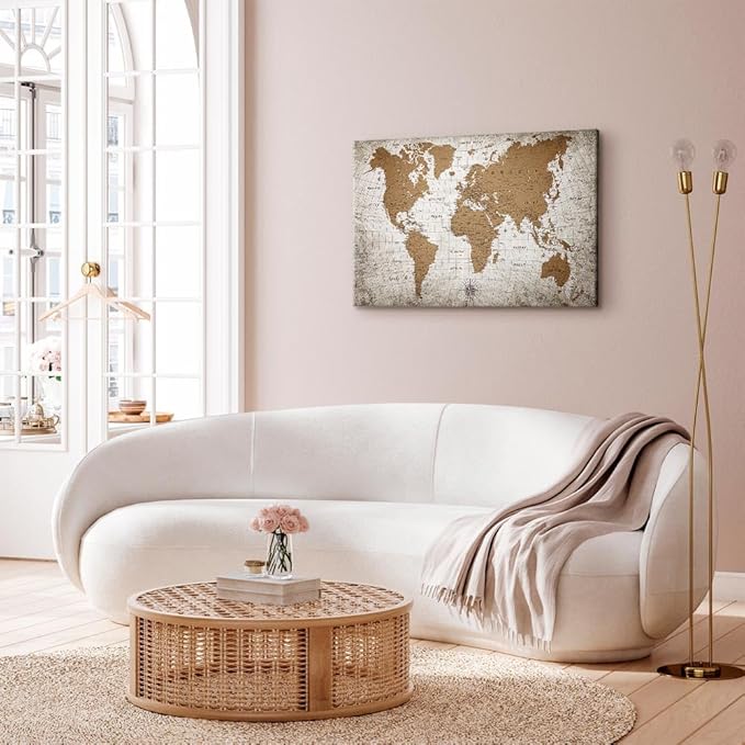 artgeist Canvas Wall Art Print World Map 24x16 in - 1pcs Home Decor Framed Stretched Picture Photo Painting Artwork Image Abstract World Map Vintage Continents k-C-10001-b-a