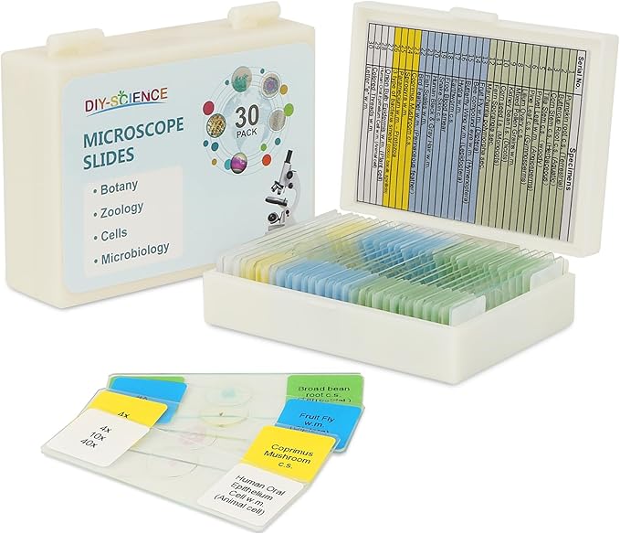Microscope Slides with Specimens for Kids, 30 Lab-Grade Prepared Microscope Slides, Animal Plant Microbe Cells, STEM Biology Kit for Kids Ages 6-8 Homeschool, Classroom Labs & Science Education