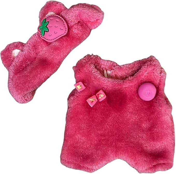 17cm/6.7in Clothes Set for Dolls - Cute Hat & Overalls Outfit, Soft Premium Fabric Dress Up Accessories Suit, Easy On/Off, NO Doll Included (Strawberries)