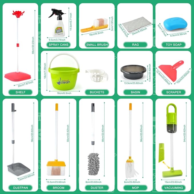 Toddler Cleaning Set, Kids Cleaning Toy Set with 2 in 1 Kids Vacuum That Really Works, Mop, Broom, 14Pcs Pretend Play Home Cleaning Playset for Toddler Ages 3+, Birthday Gift for Girls Boys (Red)