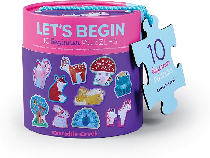 Crocodile Creek Let’s Begin Puzzle - Ten 2-Piece Beginner Puzzles for Ages 2 and Up - Heavy-Duty Storage Canister with Handle - Colorful Unicorns Design - Each Puzzle is 6" L x 4" H Finished