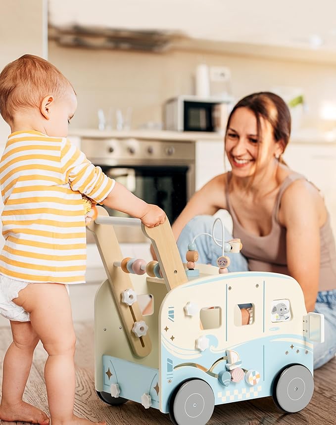 ROBOTIME Wooden Baby Walker, Baby Push Walker, Baby Activity Center Toys, Ajustable Speed Multi-Functional Baby Walker with Wheels for Boys and Girls(Vacation Bus)