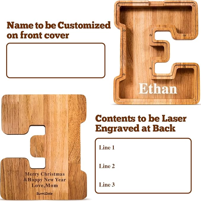 Customized Name Large Wooden Piggy Bank for Kids Boys Girls Alphabets Letter A-Z Coins Bills Money Change Bank Box Initial on Clear Cover (Laser Engraved) (Alphabet-E, Personalized-9")