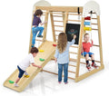 Costzon Indoor Jungle Gym, 8-in-1 Montessori Beech Wood Climbing Toys for Toddlers w/Double-Sided Slide, Climbing Rock/Net, Indoor Playground Climber Playset for Kids 3+ Years Birthday